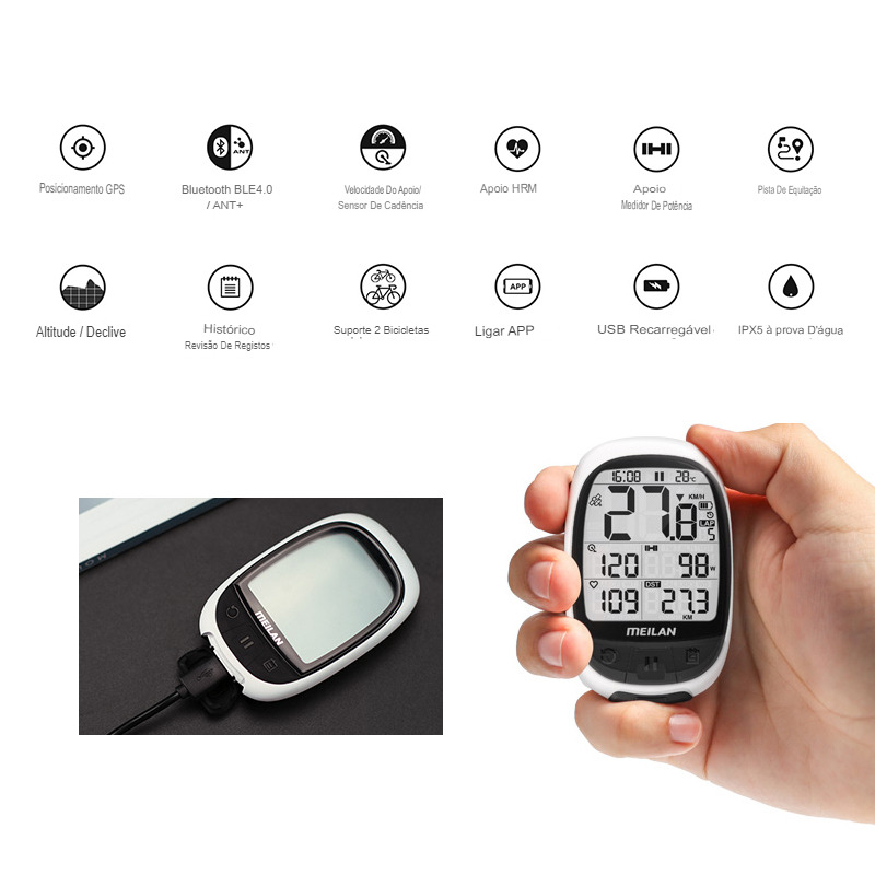 GPS Meilan Com BLUETOOTH e ANT+ compatível com Strava